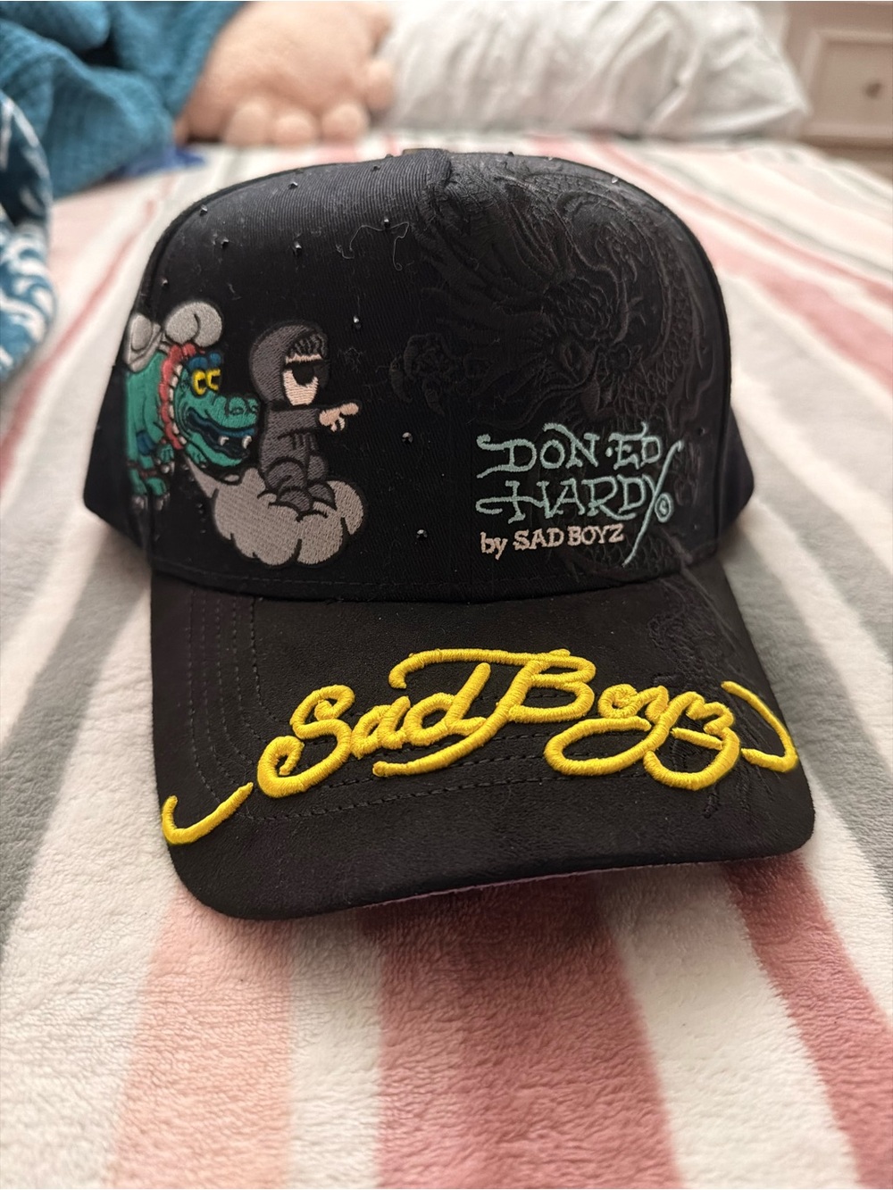 Ed Hardy Black Cap with Yellow 'SadBoyz' Embroidery and Multicolor Character